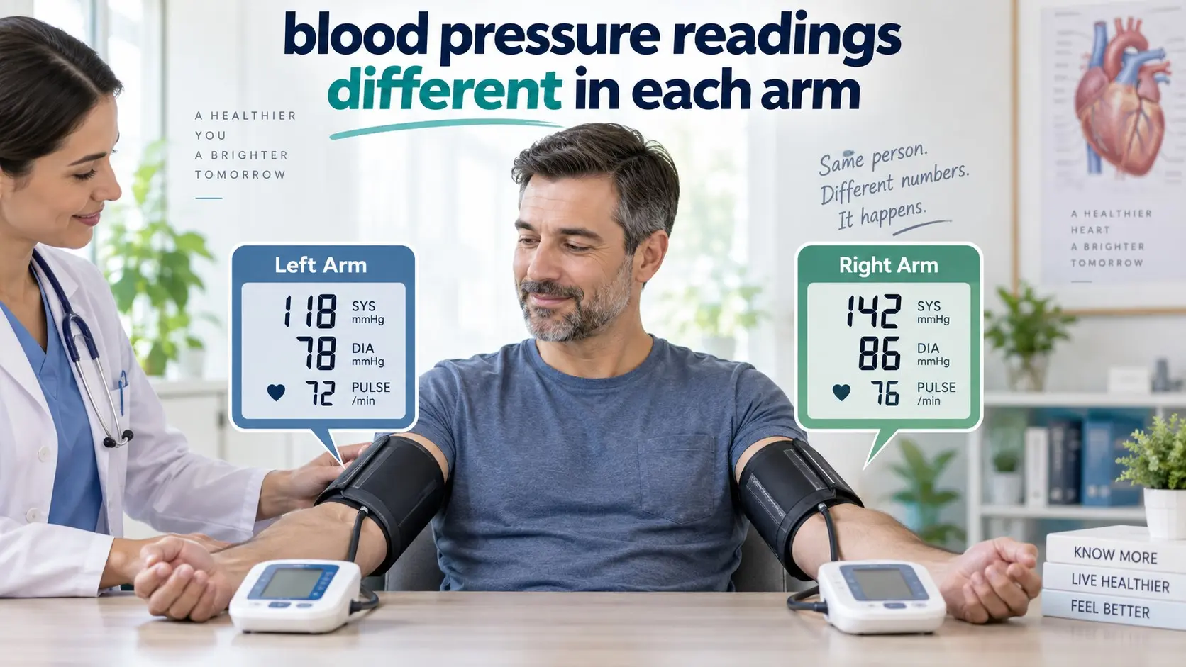 Blood pressure readings different in each arm being compared with validated upper arm cuffs using correct blood pressure measurement technique.