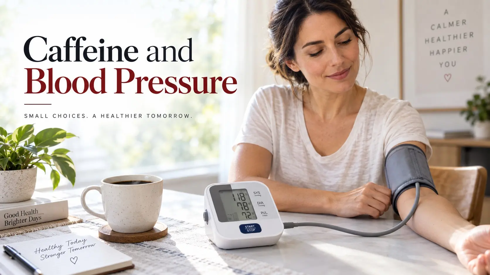 Caffeine and blood pressure shown with coffee and a home blood pressure monitor