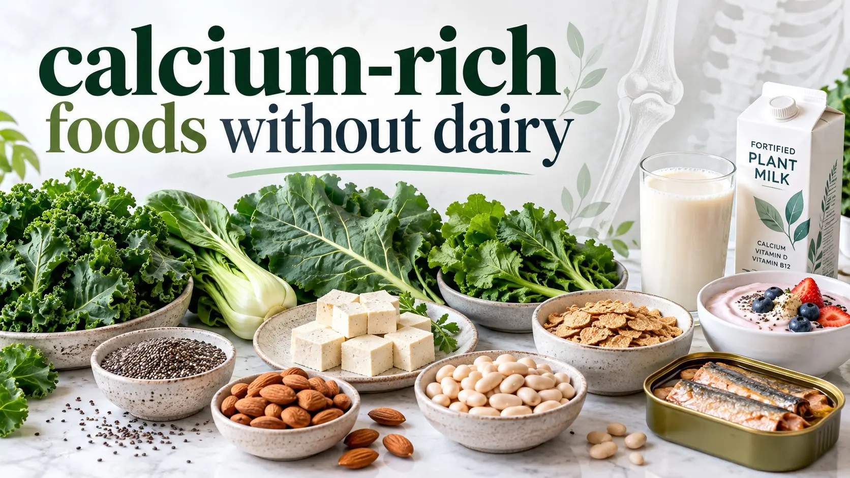 Calcium-rich foods without dairy including tofu, fortified plant milk, leafy greens, sardines, chia seeds, beans, and almonds.