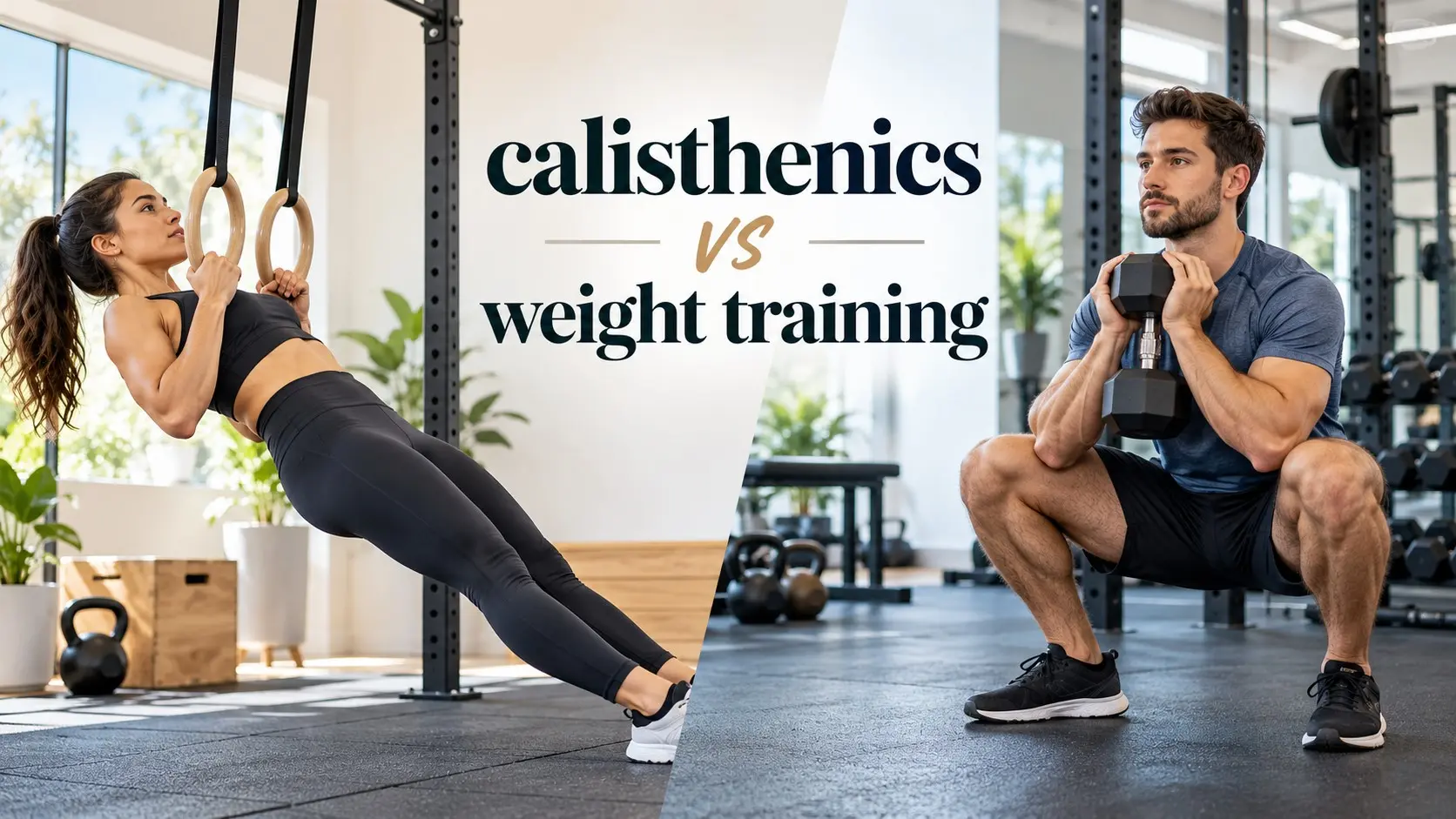 Calisthenics vs weight training for beginners showing bodyweight exercise beside a controlled dumbbell workout.