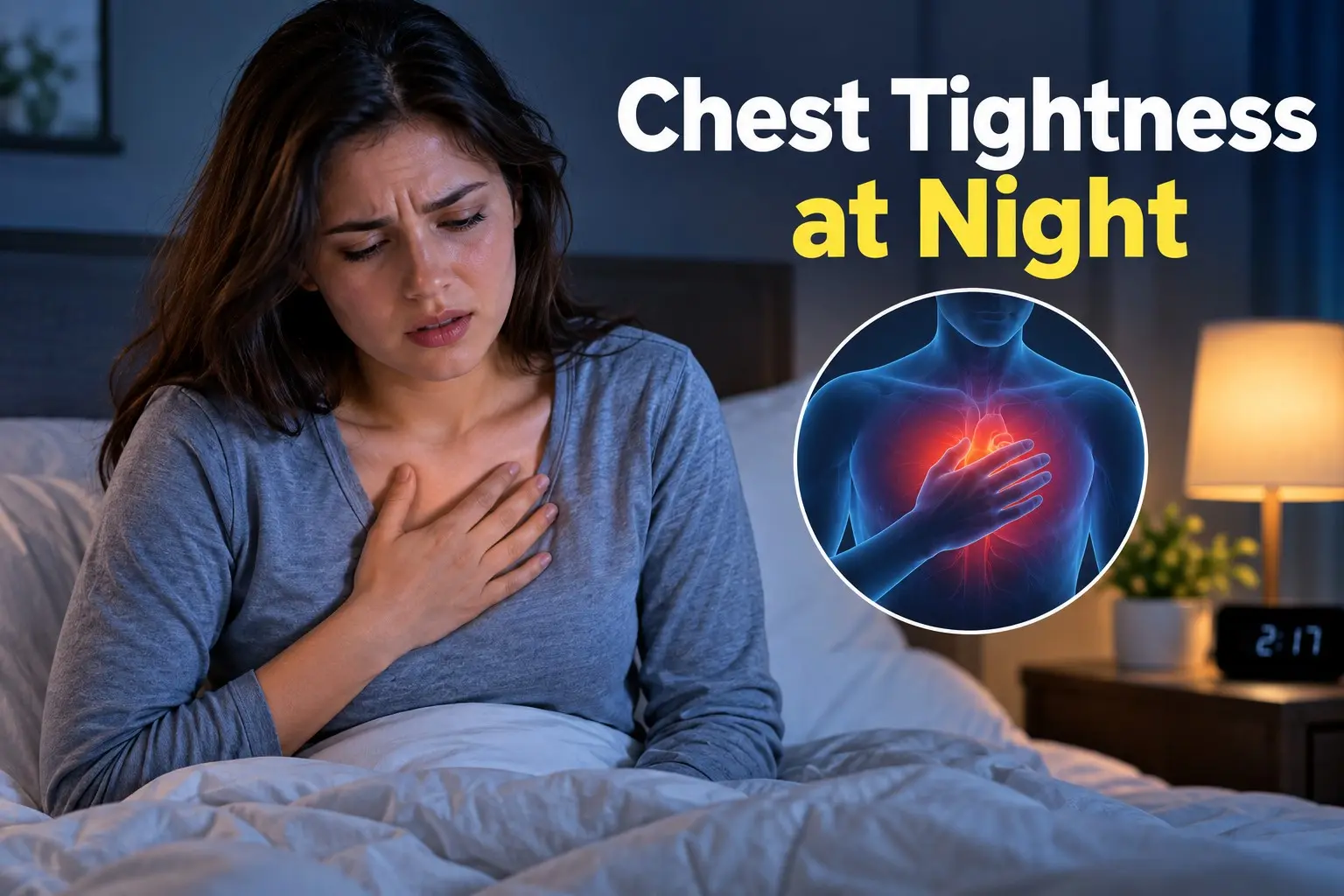 Chest Tightness at Night shown with an adult sitting upright in bed and medical visuals for heart symptoms, asthma, and acid reflux.