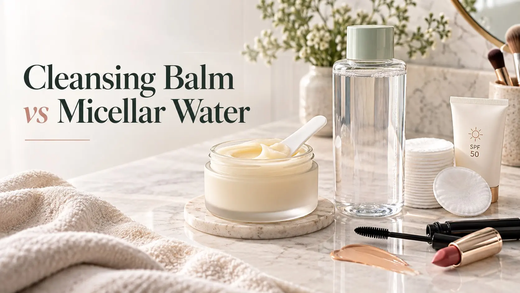 Cleansing Balm vs Micellar Water comparison with cleansing balm, micellar water, cotton pads, makeup, sunscreen, and gentle skincare products.