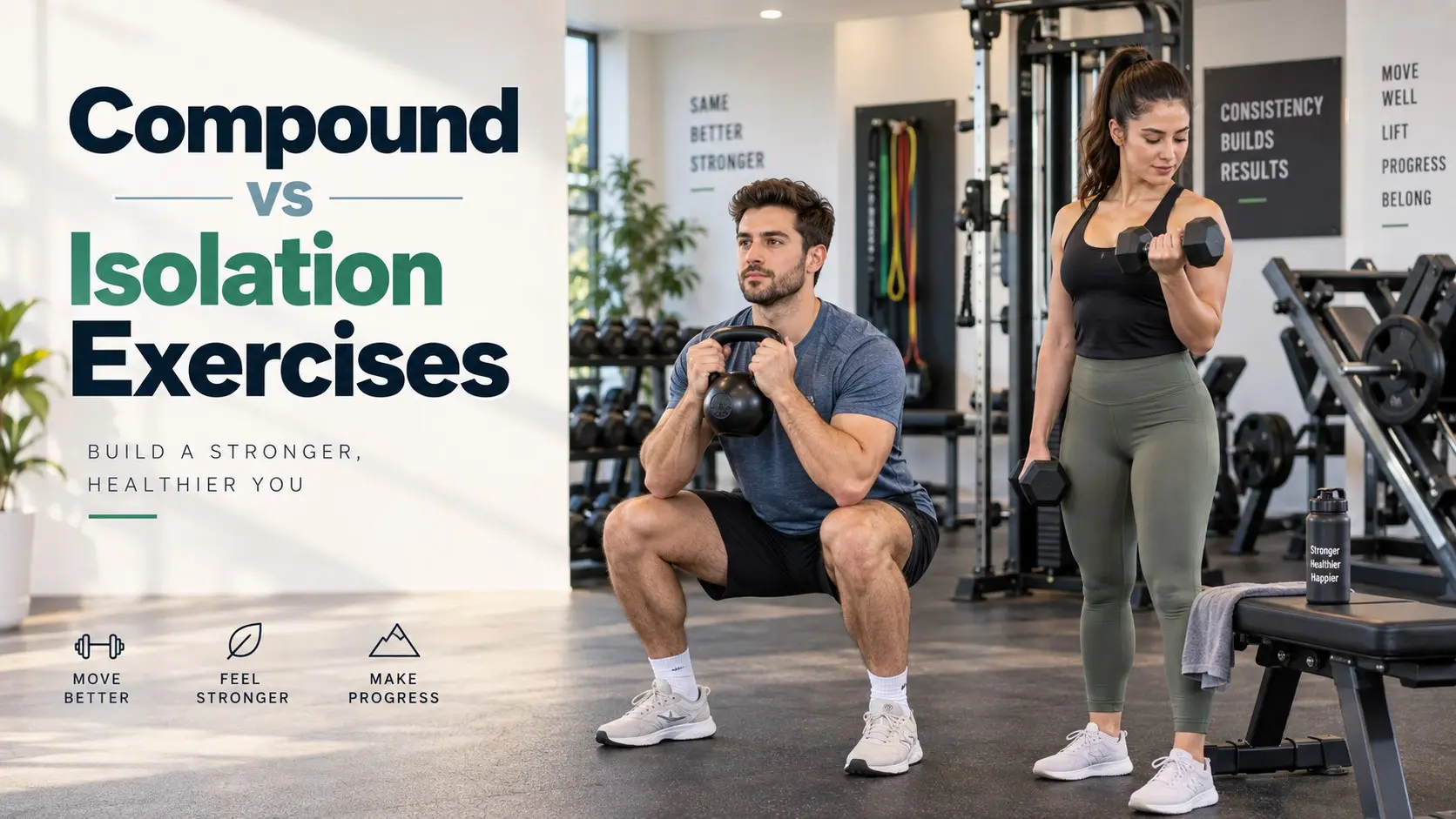 Compound vs Isolation Exercises for Beginners with a goblet squat, chest press, biceps curl, dumbbells, and beginner strength training equipment.