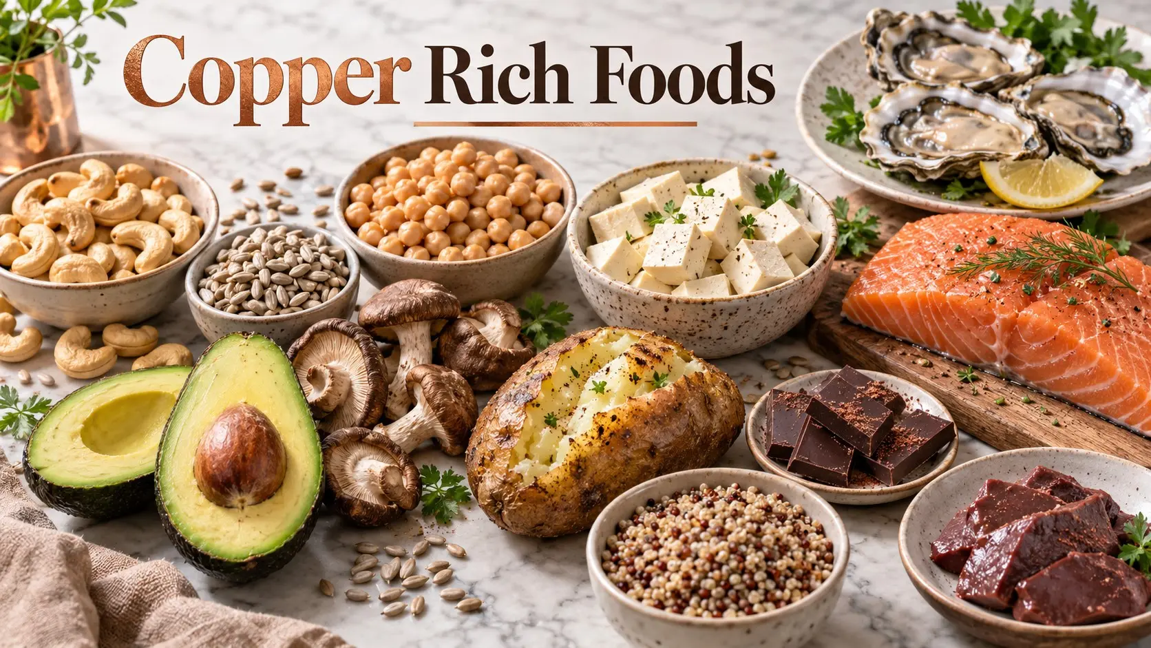 Copper rich foods including cashews, mushrooms, chickpeas, avocado, tofu, salmon, seeds, dark chocolate, potatoes, oysters, and whole grains