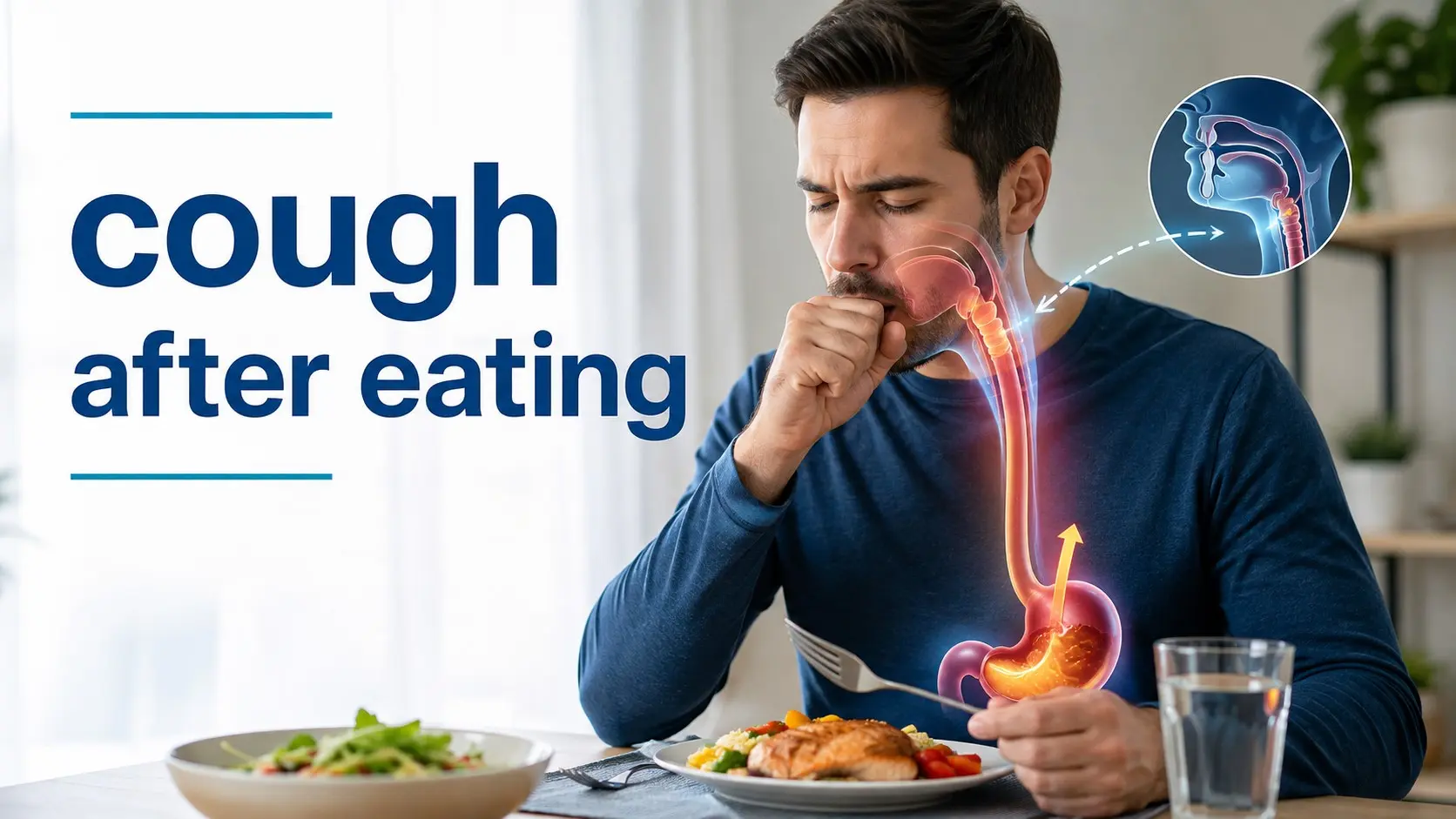 ough After Eating shown with an adult coughing after a meal and medical visuals for reflux, swallowing difficulty, and aspiration