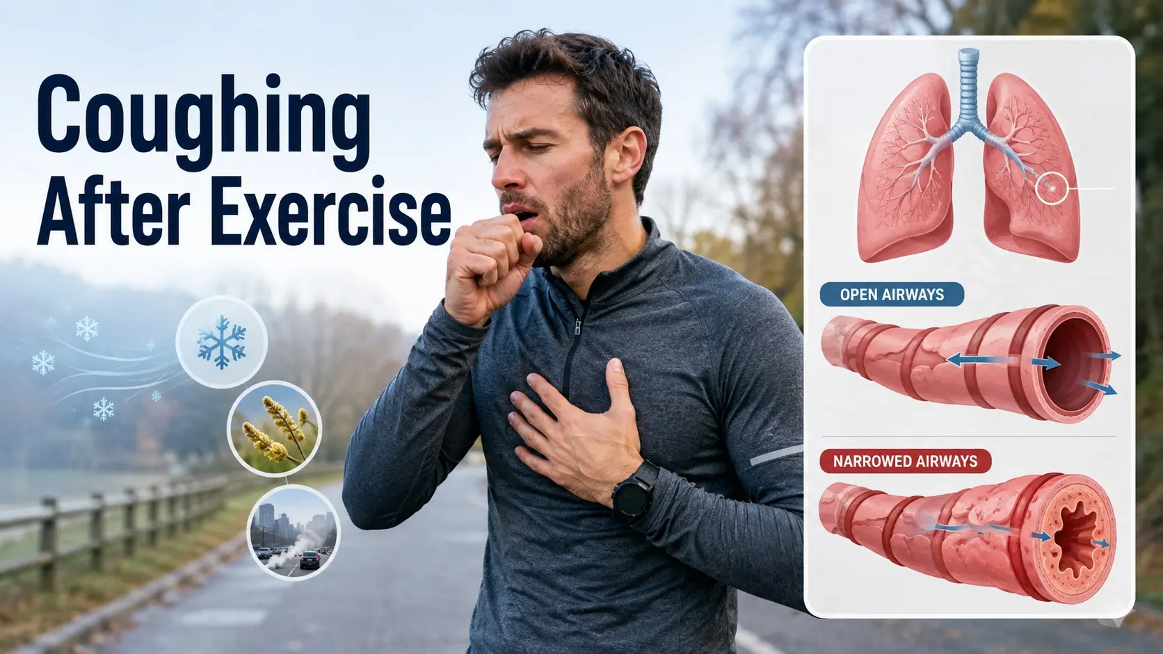 Coughing After Exercise shown with a runner coughing during recovery and a lung graphic illustrating exercise induced airway narrowing.