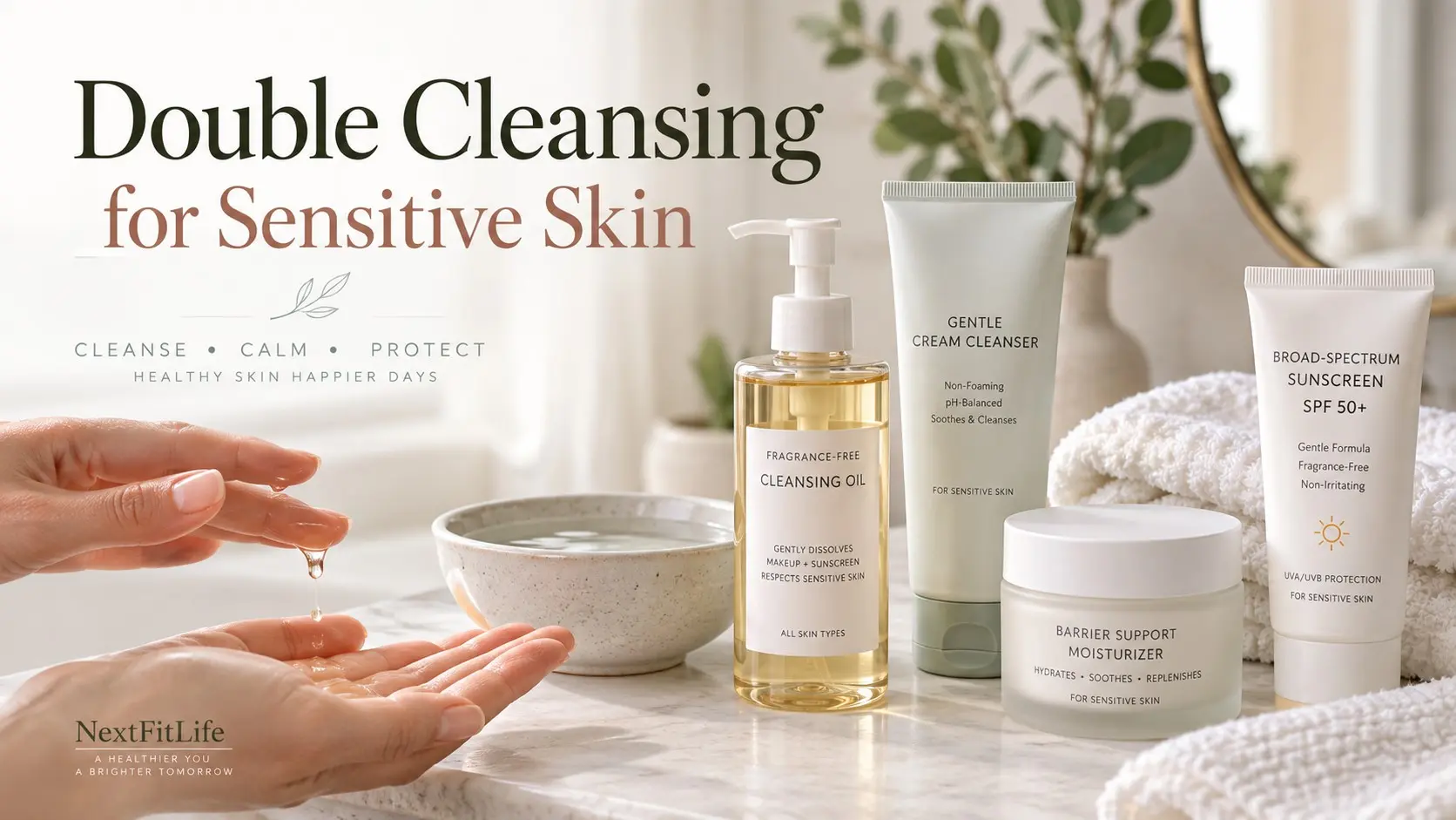 Double Cleansing for Sensitive Skin with cleansing oil, gentle face cleanser, moisturizer, sunscreen, and a soft towel for skin barrier care.