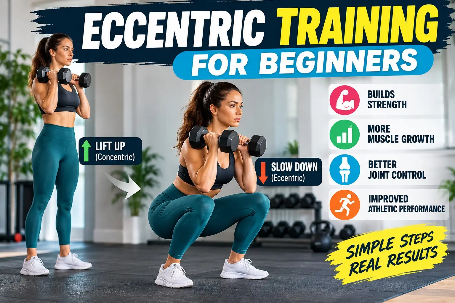 eccentric training for beginners showing controlled slow lowering during squats, dumbbell curls, push ups, and calf raises