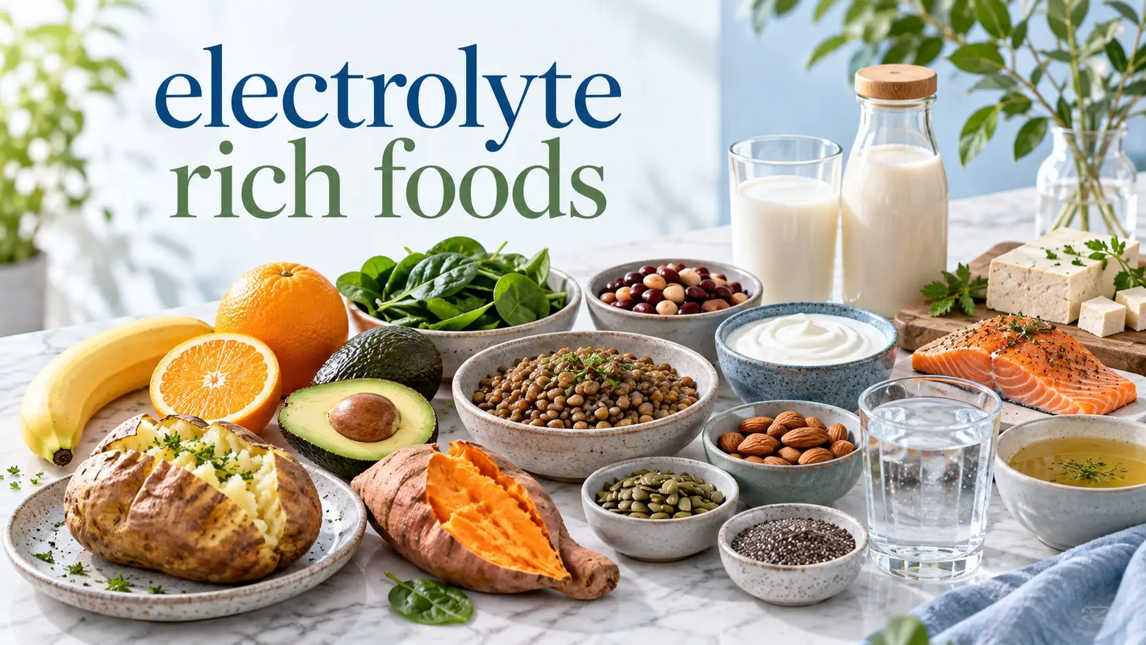 electrolyte rich foods including potatoes, bananas, yogurt, lentils, leafy greens, nuts, seeds, salmon, and milk