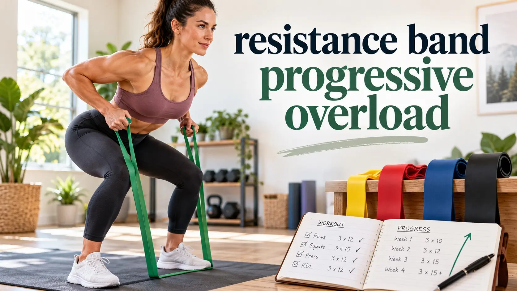 Resistance band progressive overload using stronger bands, more reps, measured setup, full range of motion, and workout tracking