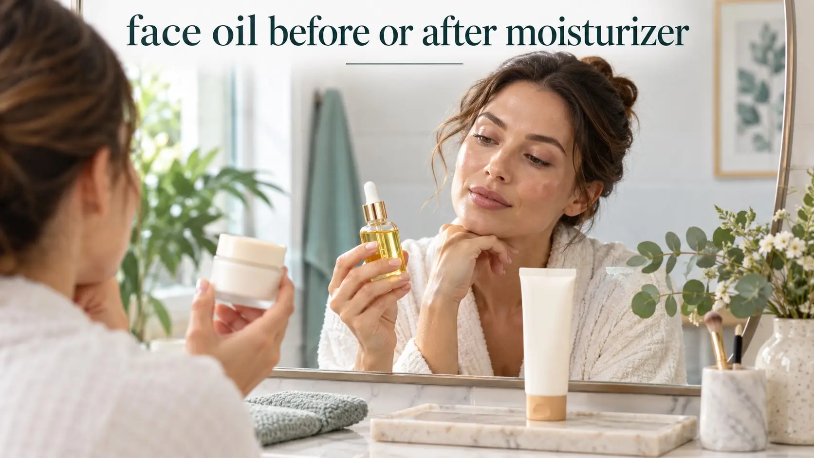 face oil before or after moisturizer showing moisturizer, facial oil, sunscreen, and a simple skincare routine