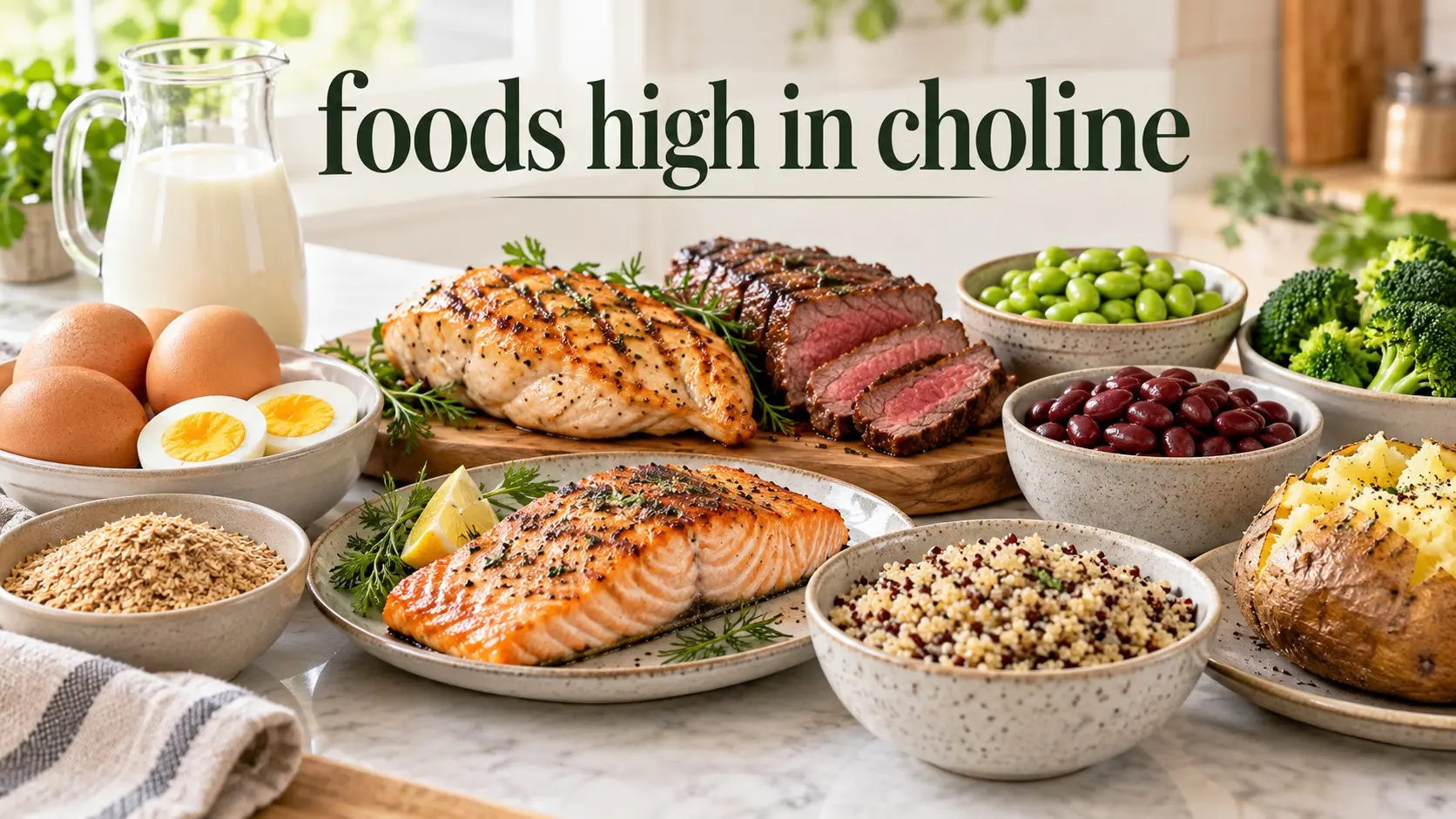Foods high in choline including eggs fish soybeans chicken milk potatoes beans and quinoa