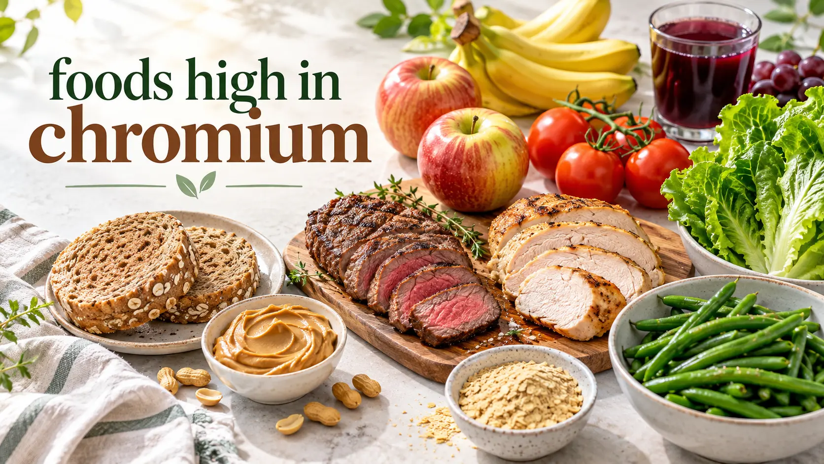 foods high in chromium including whole grains, apples, green beans, bananas, tomatoes, peanut butter, beef, turkey, and brewer's yeast