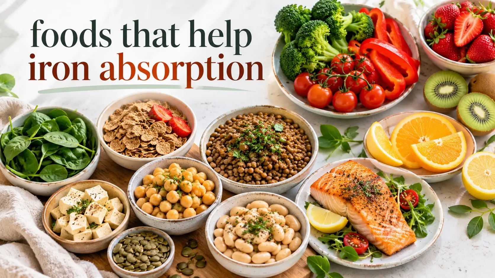 Foods that help iron absorption including lentils, beans, tofu, peppers, citrus, broccoli, meat, and vitamin C rich fruit.