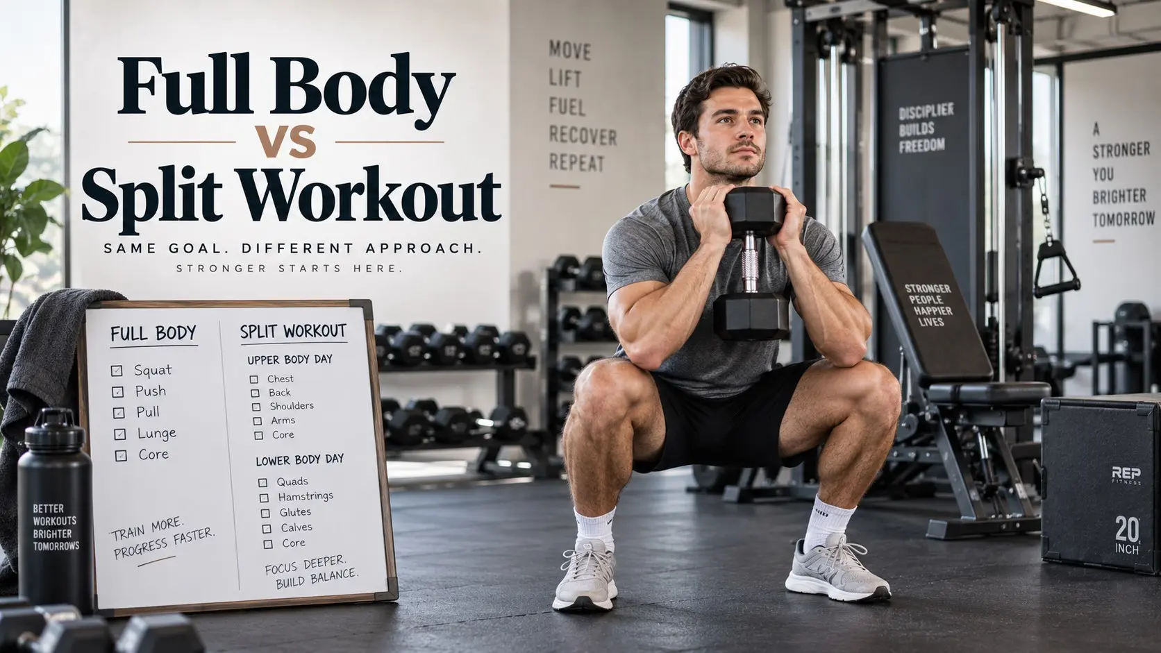 Full Body vs Split Workout comparison showing a beginner performing strength training with dumbbells and a simple weekly workout plan.