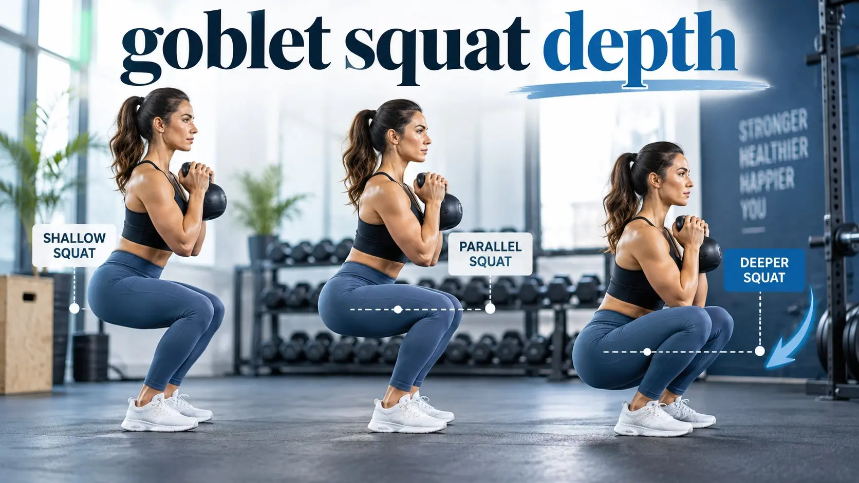Goblet squat depth shown at shallow, parallel, and deeper positions with stable feet, controlled knees, and proper weight placement.