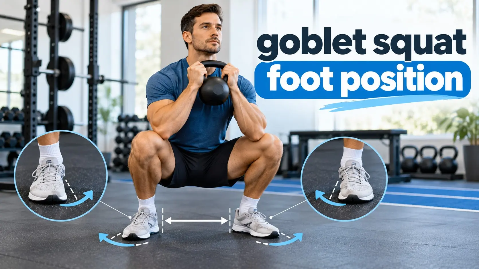 Goblet squat foot position showing narrow, medium, and wider stance widths with comfortable toe angles and knees tracking with the feet.