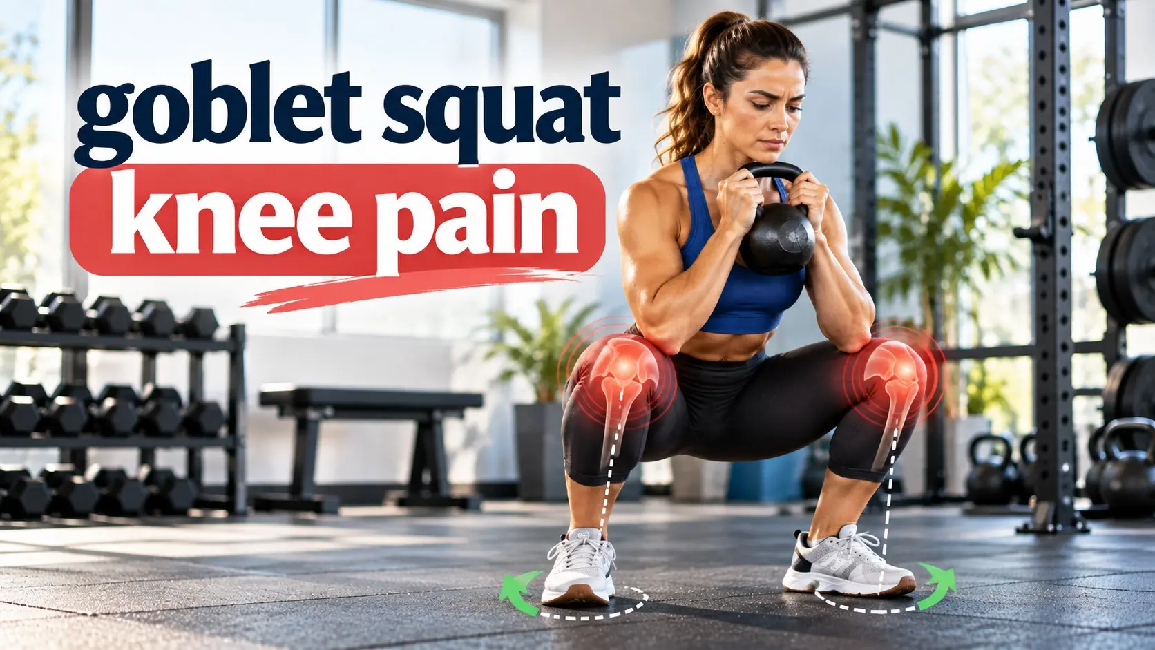 Goblet squat knee pain guide showing controlled knee tracking, stable feet, reduced squat depth, and safer squat modifications.