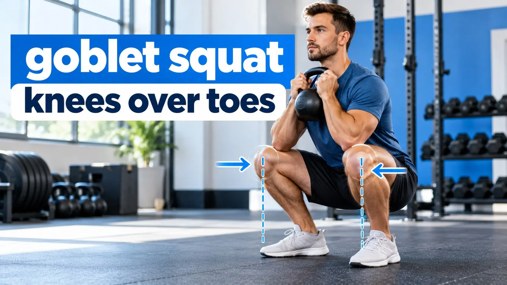 Goblet squat knees over toes showing controlled forward knee travel, stable whole foot pressure, and natural knee tracking.