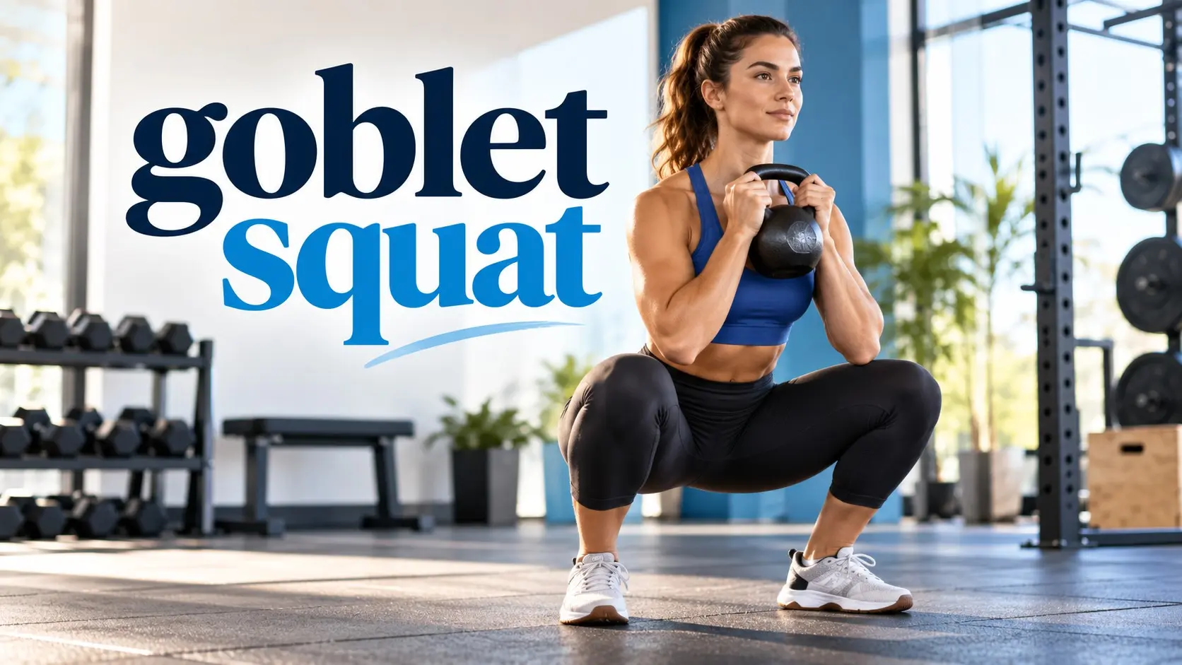 Goblet squat performed with a front held weight, stable feet, controlled knee tracking, neutral spine, and strong lower body position.