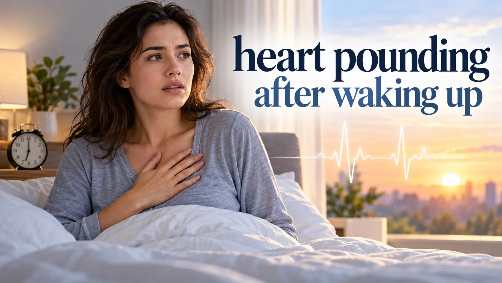 Heart pounding after waking up with morning palpitations, sleep apnea clues, pulse checking, ECG monitoring, and heart warning signs