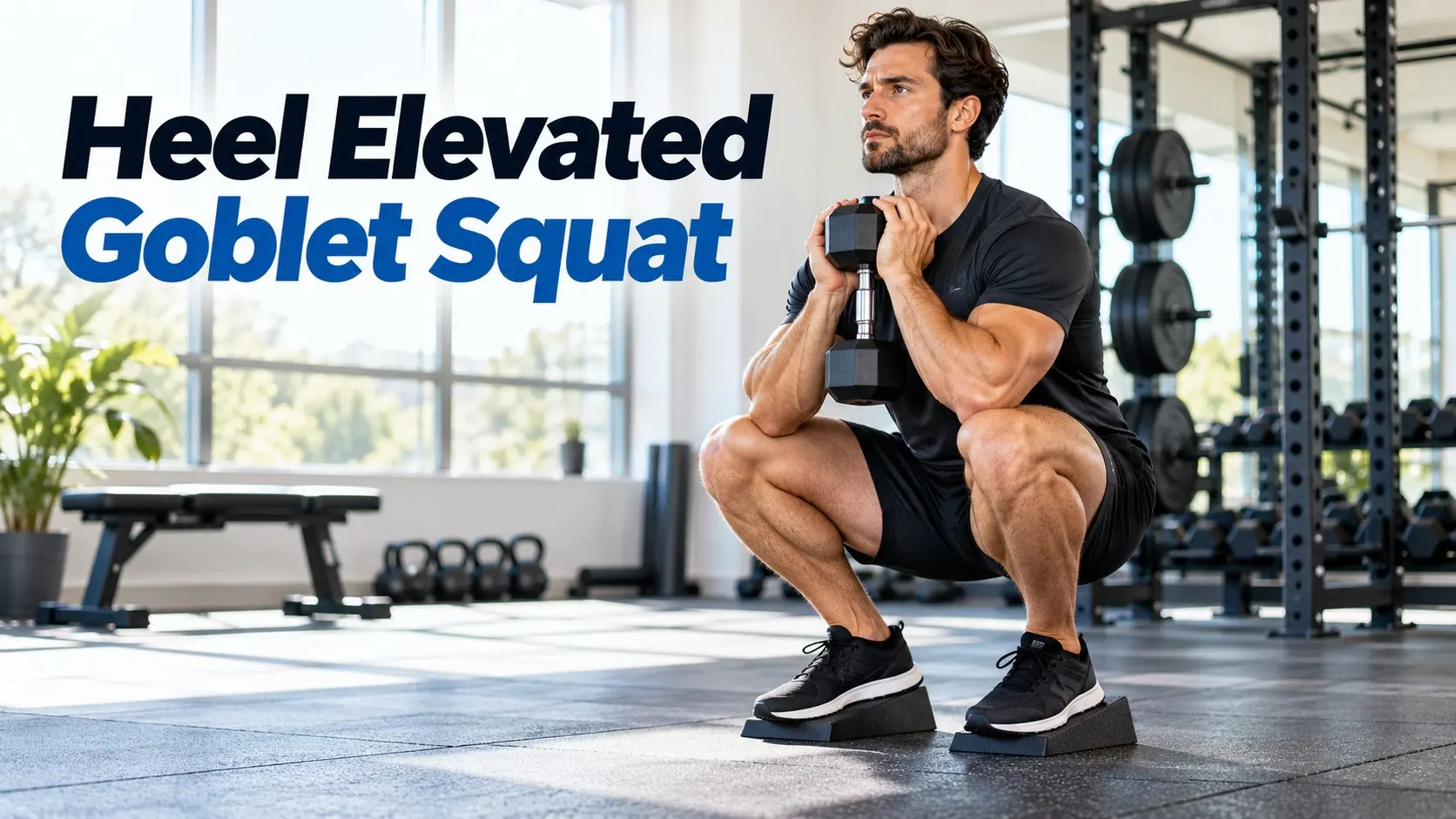 Heel Elevated Goblet Squat with dumbbell and low squat wedge