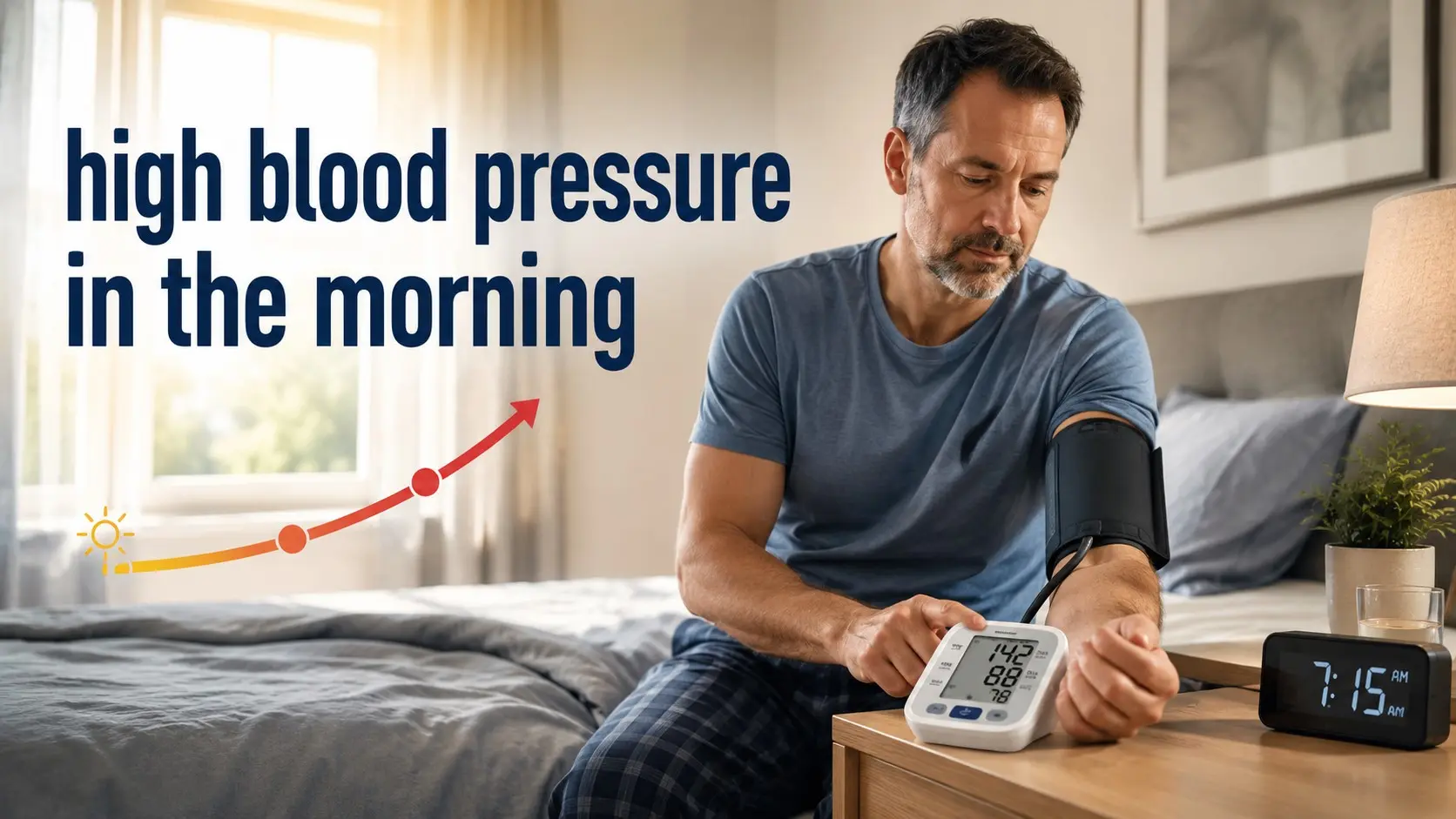 High Blood Pressure in the Morning shown with an adult checking blood pressure after waking as nighttime pressure rises into morning.