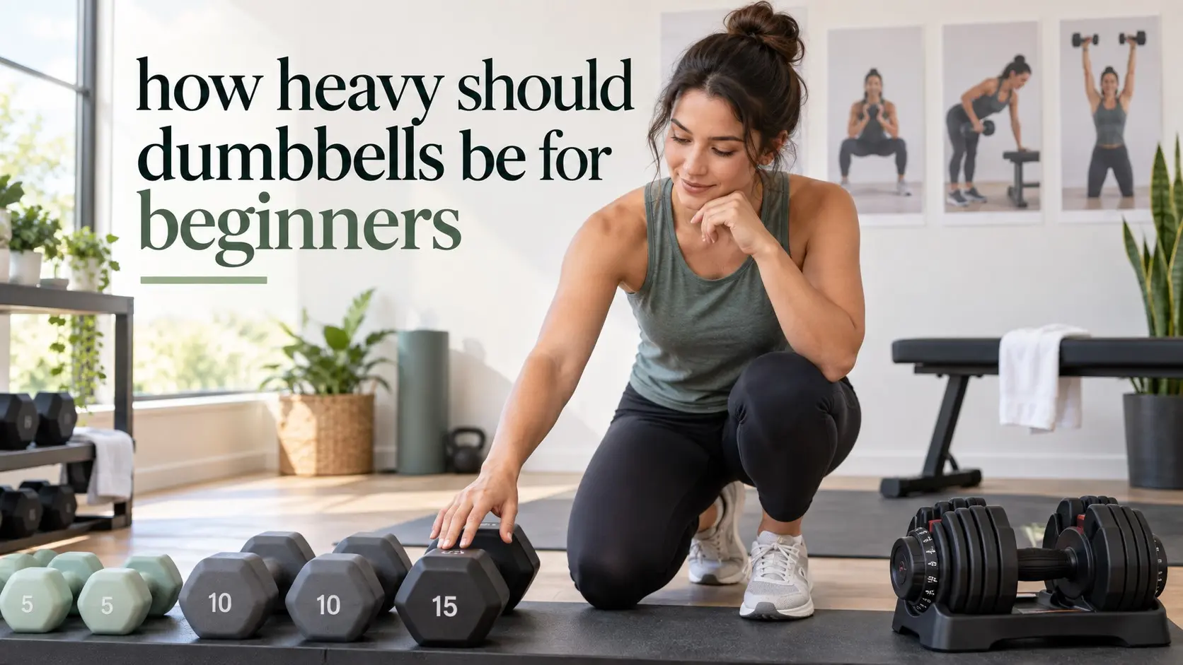 how heavy should dumbbells be for beginners? Beginner choosing dumbbell weight with light medium and adjustable dumbbells during a controlled strength workout