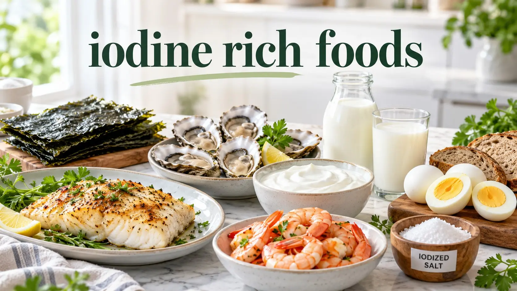 Iodine rich foods including cod nori oysters yogurt milk eggs iodate bread and seafood