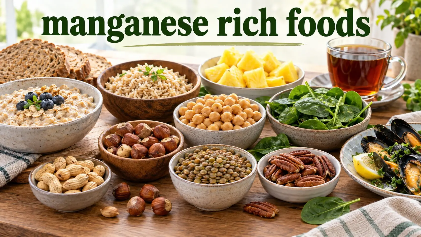 manganese rich foods including mussels, hazelnuts, brown rice, chickpeas, spinach, oatmeal, lentils, nuts, and whole grains