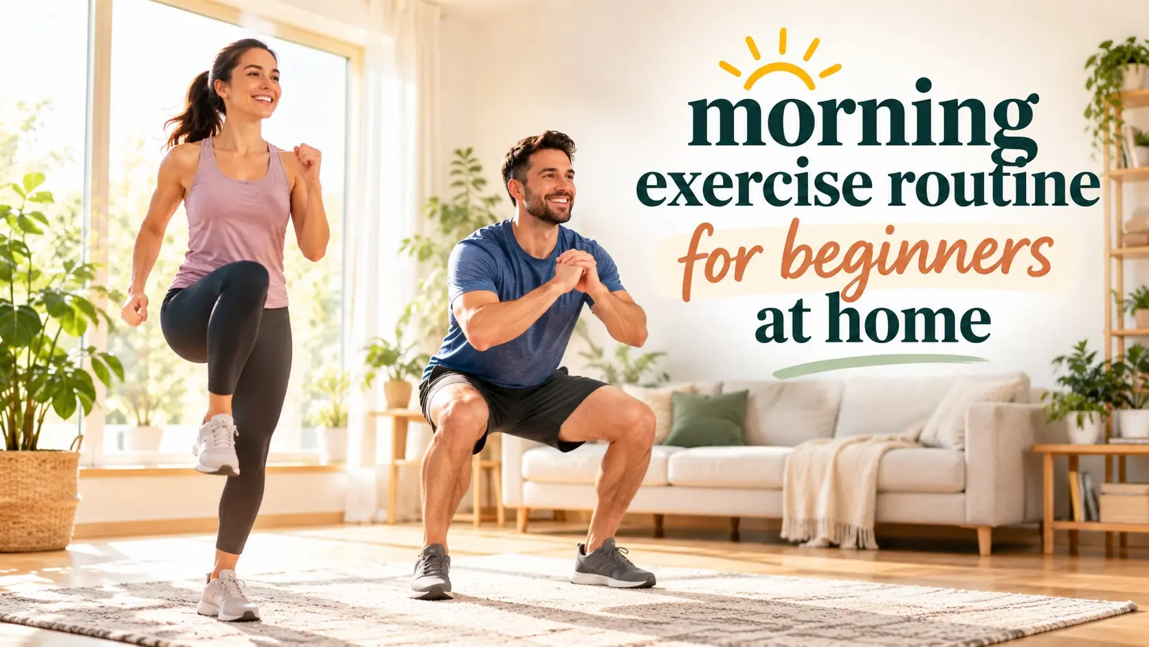 morning exercise routine for beginners at home with chair squats, wall push ups, marching, glute bridges, and simple bodyweight moves