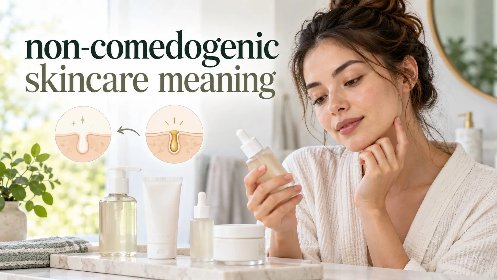 Non-comedogenic skincare meaning shown with a simple cleanser, moisturizer, sunscreen, acne treatment, and clear product labels for acne prone skin