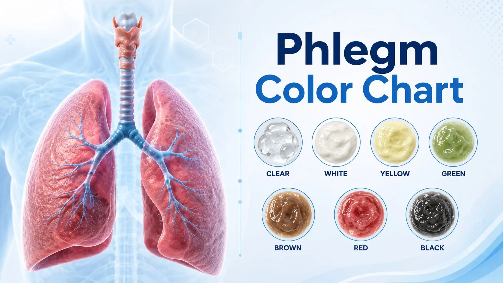 Phlegm Color Chart showing clear, white, yellow, green, brown, red and black mucus beside a medical illustration of the lungs