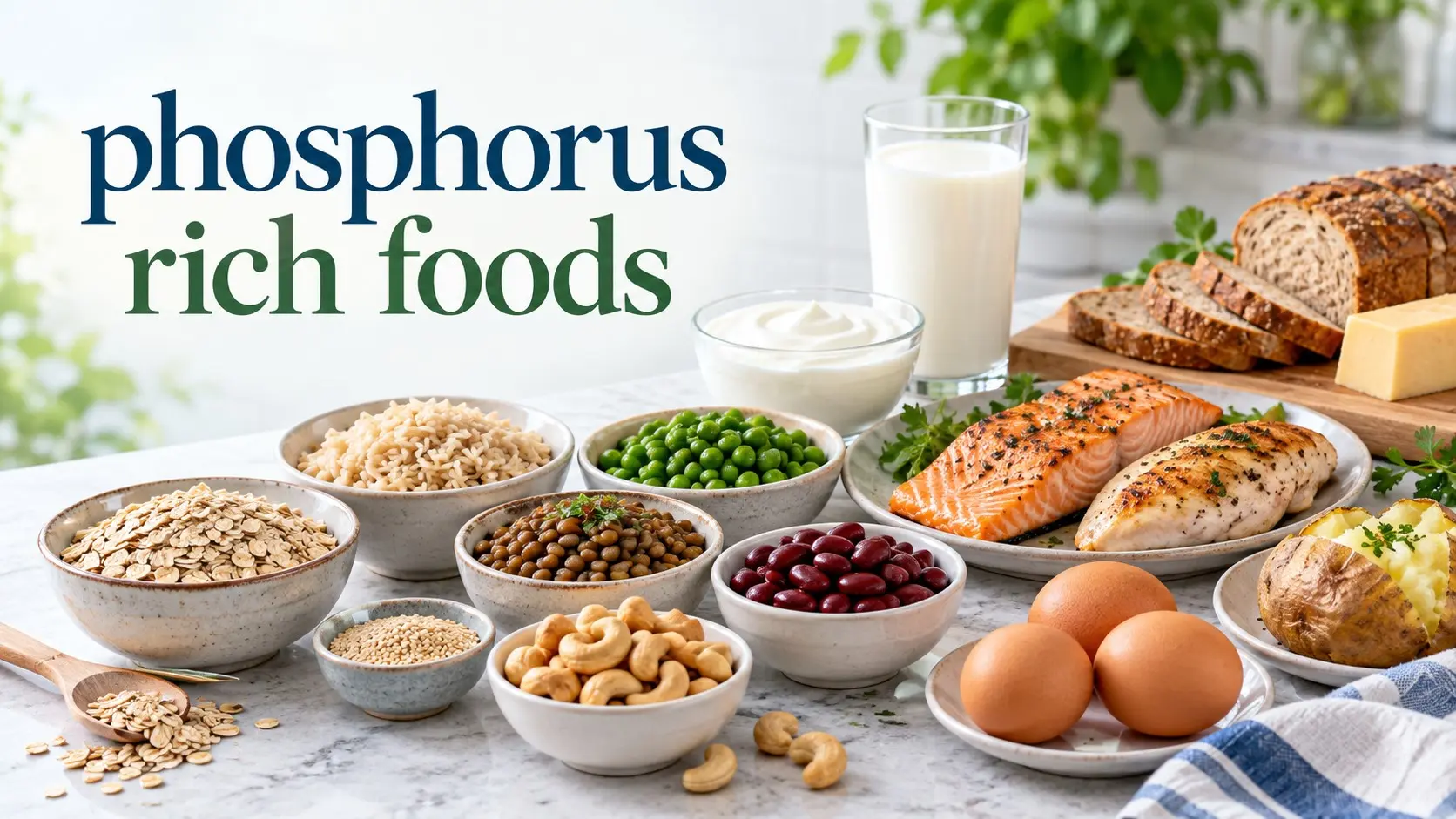 phosphorus rich foods including salmon, yogurt, lentils, eggs, nuts, whole grains, and milk