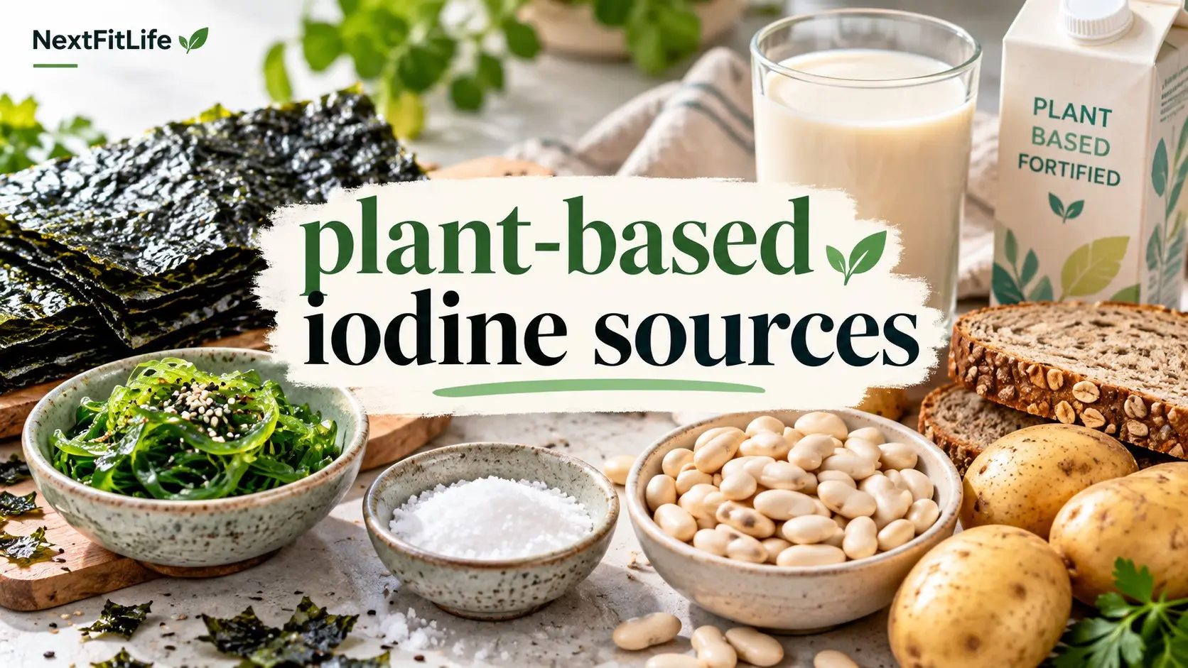 plant-based iodine sources including iodized salt, fortified plant milk, nori seaweed, bread, and other reliable iodine foods