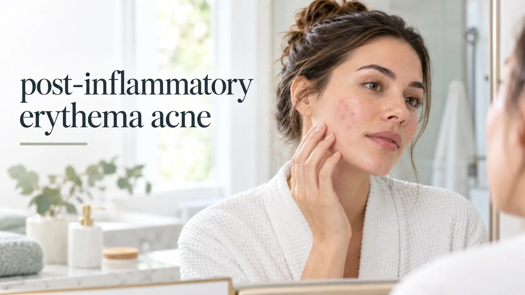 Post-inflammatory erythema acne shown as flat pink and red marks remaining on the cheek after acne has healed.