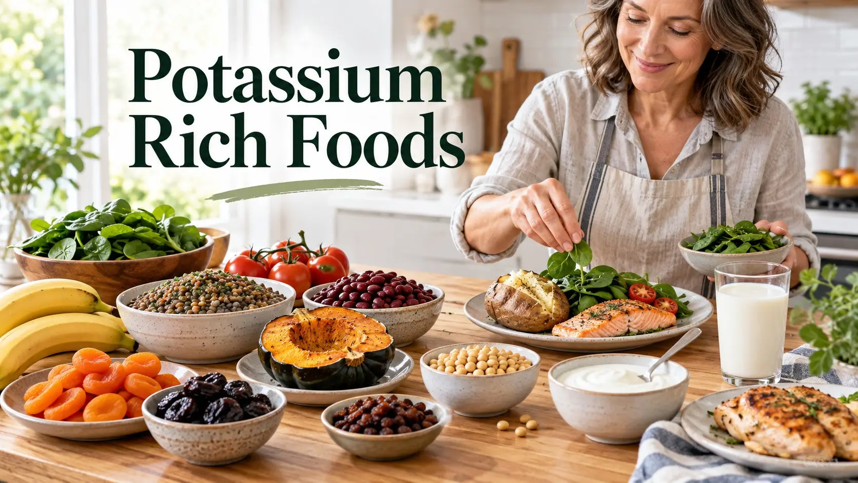 Potassium Rich Foods with lentils potatoes beans bananas spinach tomatoes dried apricots yogurt milk salmon soybeans and squash