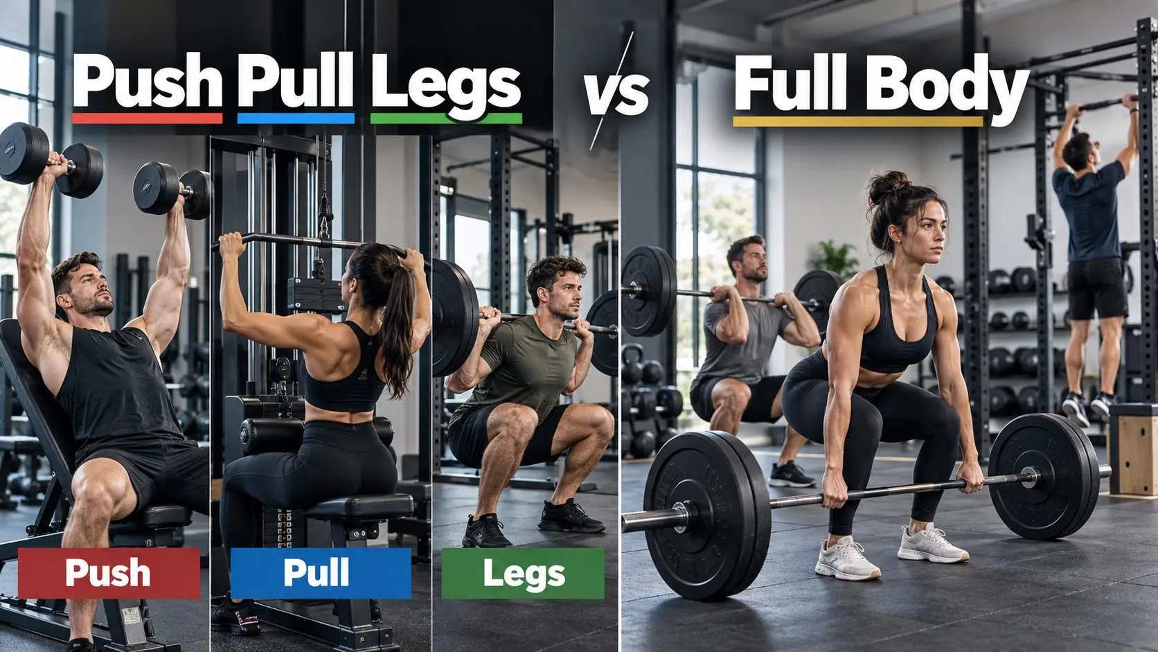 Push pull legs vs full body workout comparison showing push, pull, leg, and full body strength training in a modern gym