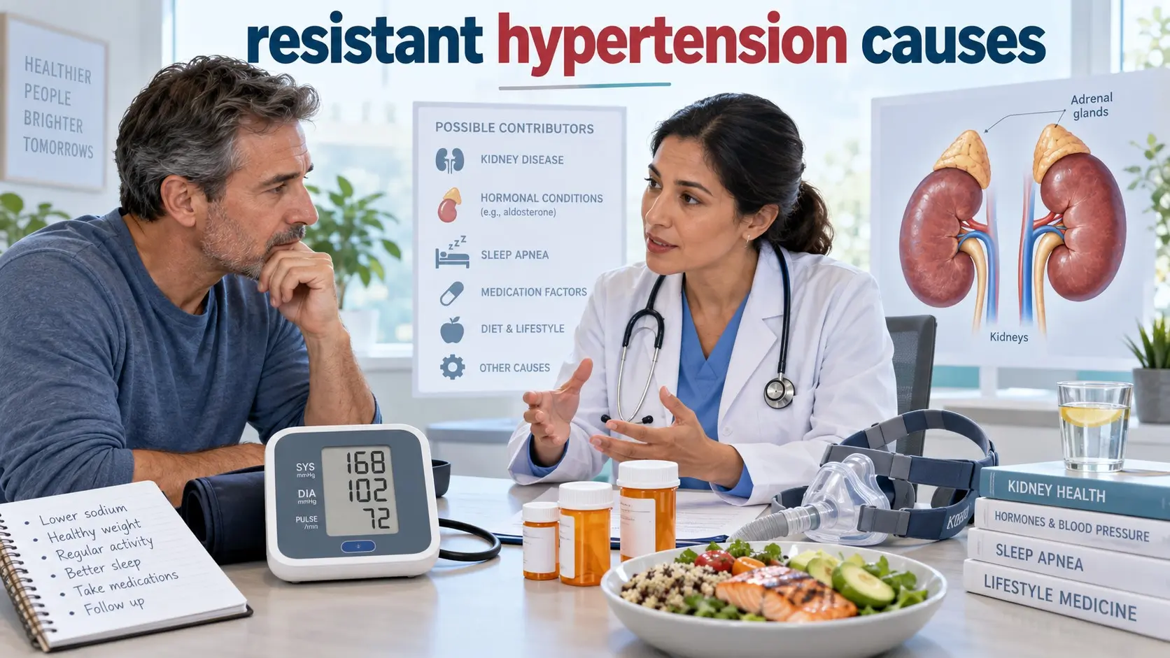 resistant hypertension causes including medicines, sleep apnea, kidney disease, aldosterone excess, sodium, and blood pressure testing