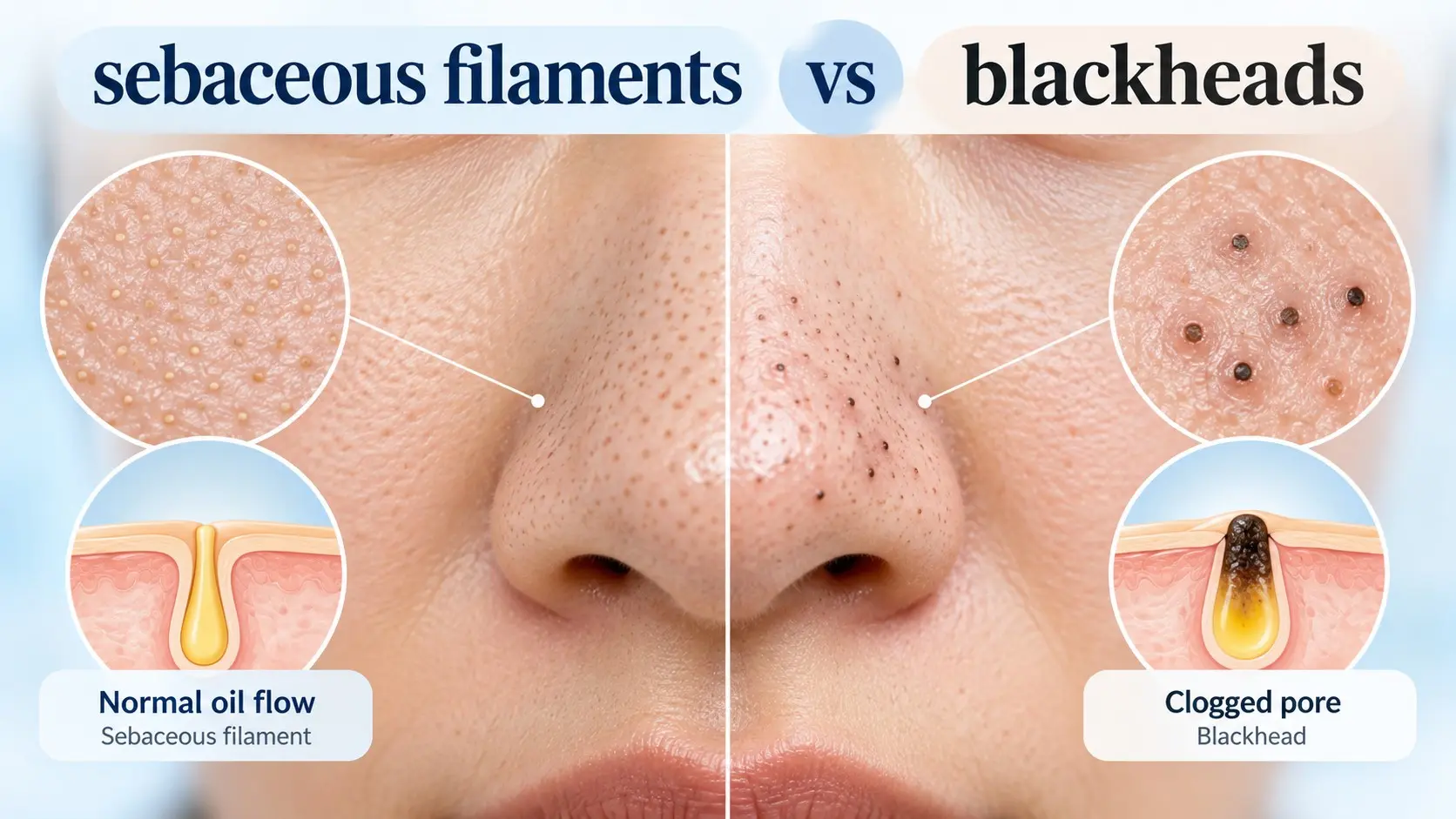 Sebaceous filaments vs blackheads shown as normal flat pore dots compared with darker clogged open comedones on the nose.