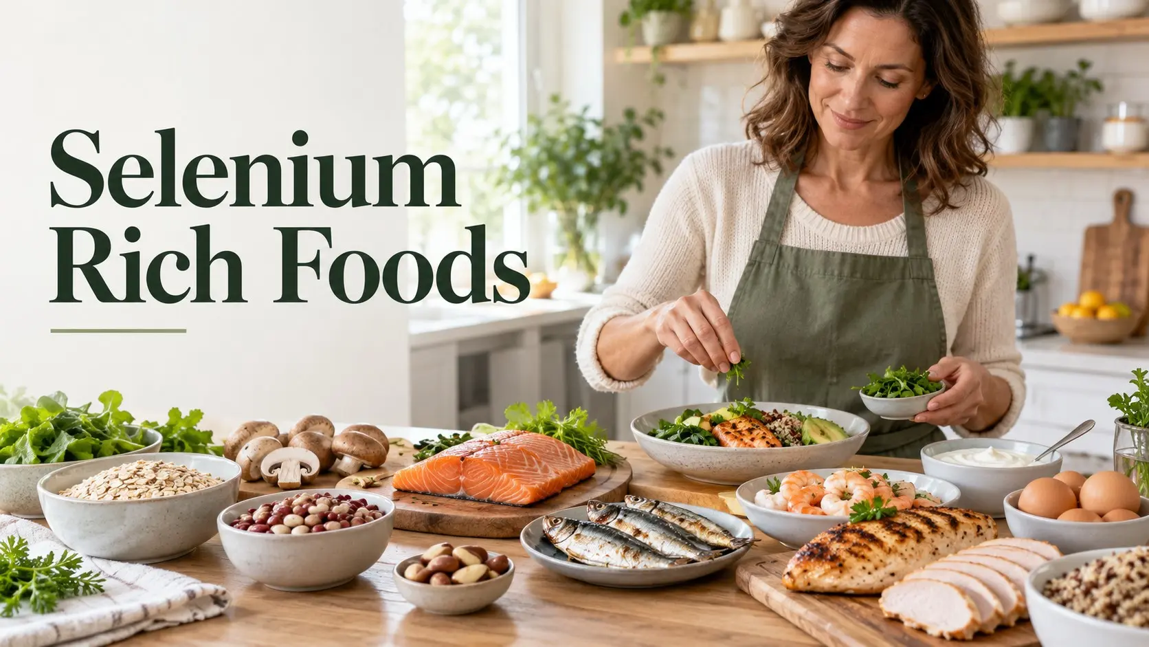 Selenium Rich Foods including fish eggs poultry grains beans mushrooms dairy and Brazil nuts
