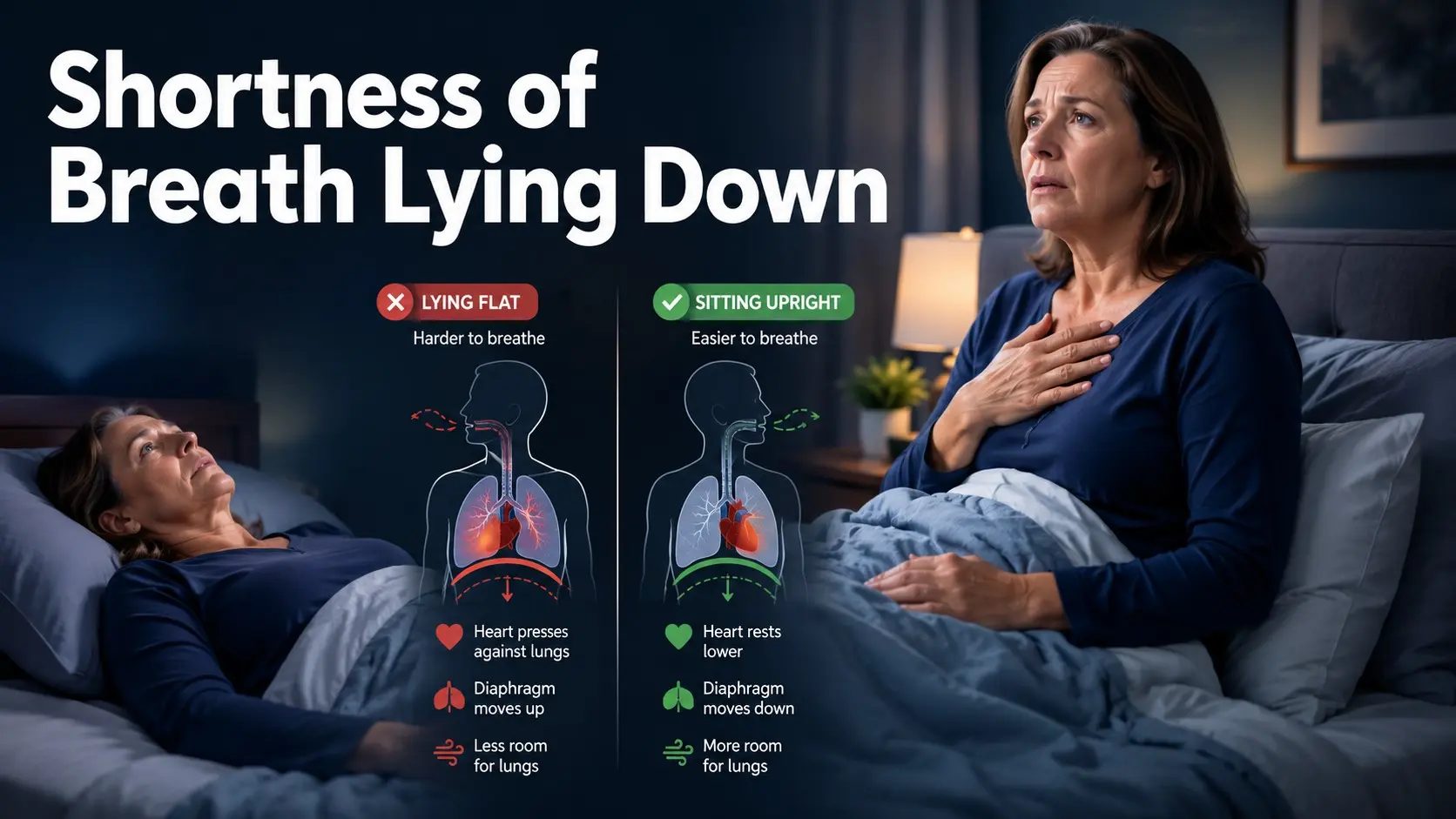 Shortness of Breath Lying Down shown with an adult sitting upright in bed and medical visuals of the heart, lungs, diaphragm, and orthopnea