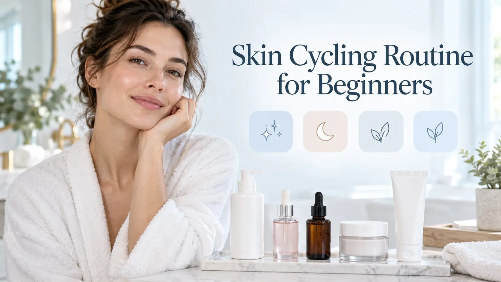 skin cycling routine for beginners with exfoliant, retinoid, moisturizer, cleanser, and sunscreen