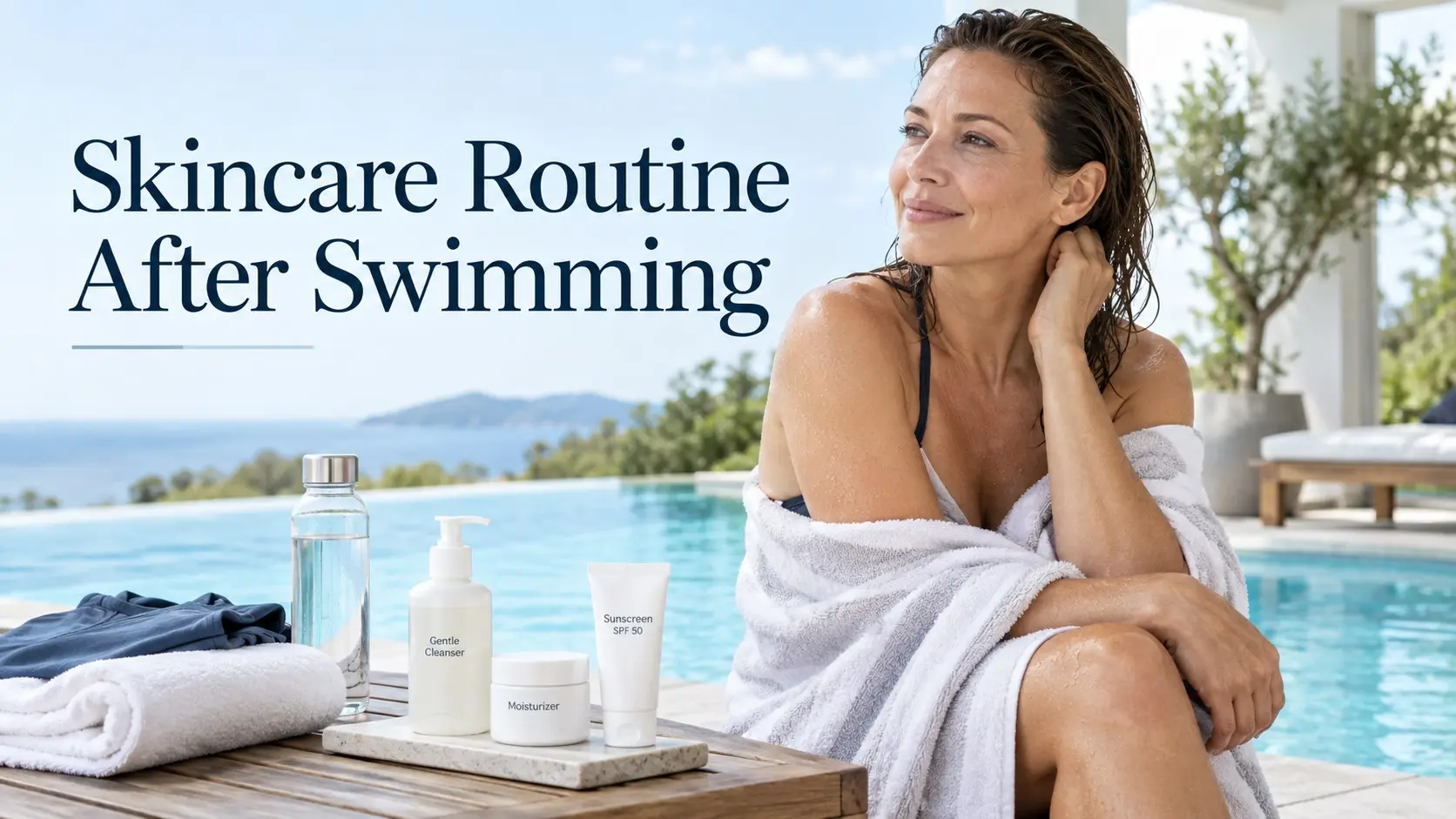 Skincare Routine After Swimming with gentle cleanser moisturizer sunscreen fresh water clean towel and simple post swim skin barrier care