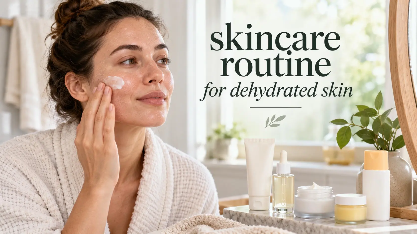 Skincare routine for dehydrated skin with gentle cleanser hydrating serum moisturizer barrier balm and sunscreen