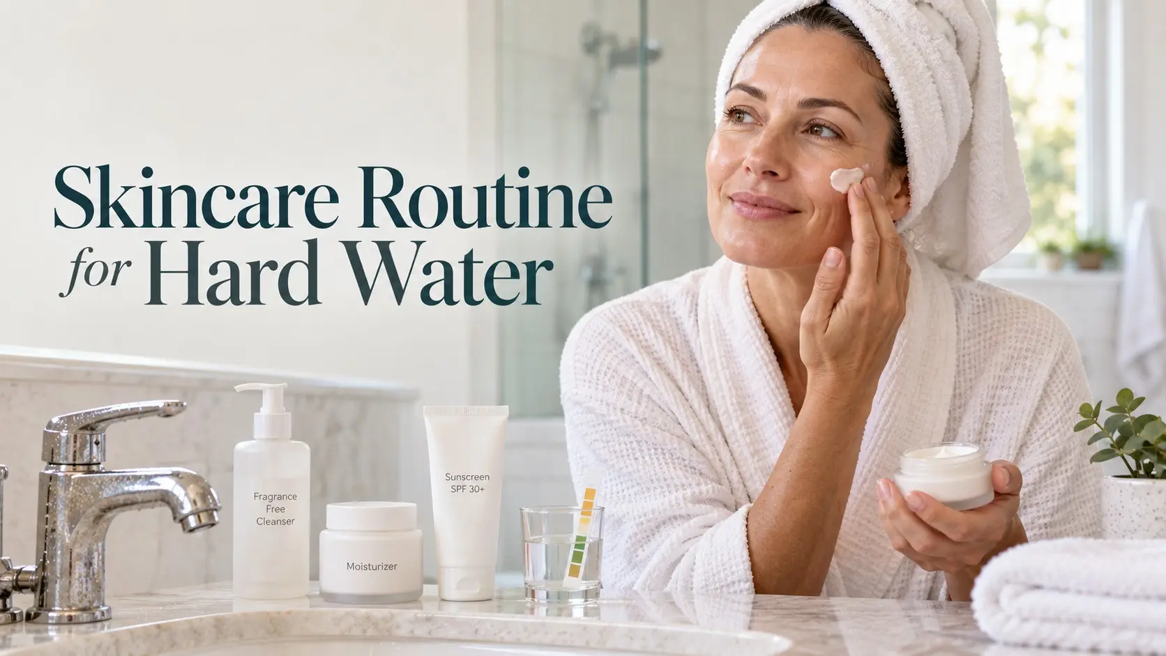 Skincare Routine for Hard Water with gentle cleanser moisturizer sunscreen and skin barrier care
