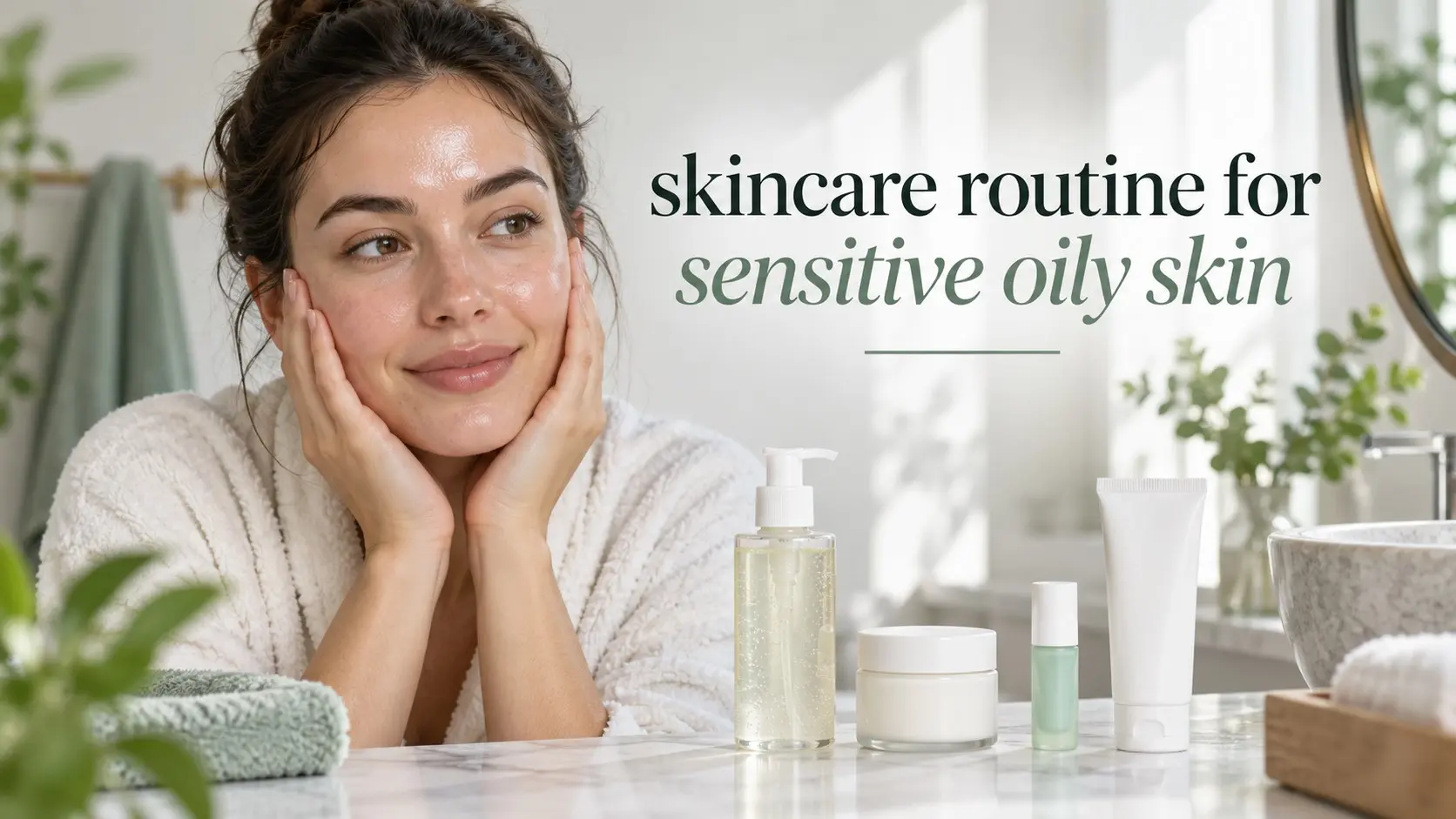Skincare routine for sensitive oily skin with gentle cleanser light moisturizer acne treatment and sunscreen