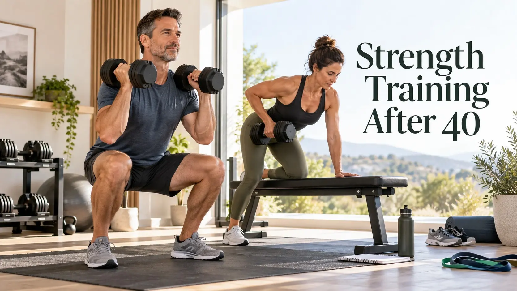 Strength training after 40 with dumbbells, resistance exercises, muscle building, bone health, joint friendly training, and healthy aging.