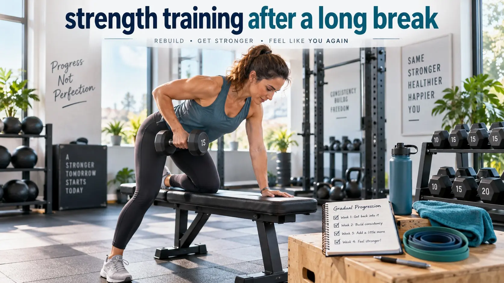 strength training after a long break with lighter weights, gradual progression, good form, recovery, and a four week return plan