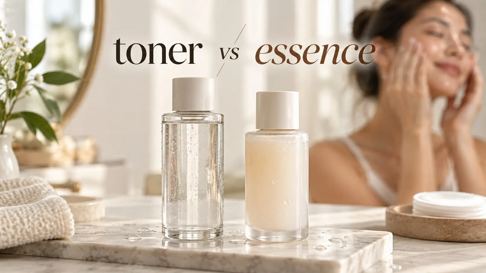 Toner vs essence comparison with lightweight toner and hydrating facial essence in a simple skincare routine